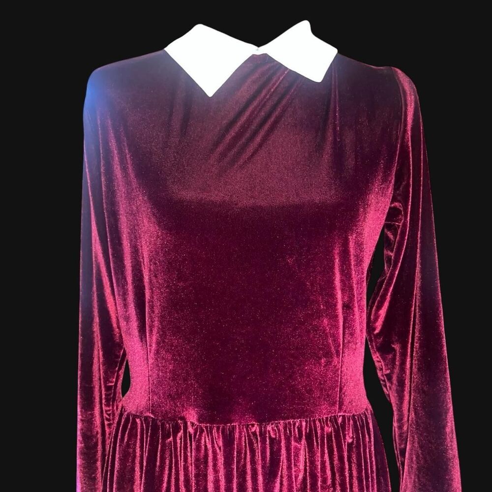 Eye Candy Women's Burgundy Velvet Wednesday Adams Dress with Collar Whimsygoth